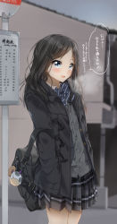 Rule 34 | 1girl, :d, absurdres, bag, bag charm, black bow, black hair, black jacket, blue eyes, blurry, blurry background, blush, bow, breath, bus stop, cardigan, charm (object), check translation, commentary request, day, depth of field, diagonal-striped bow, grey cardigan, grey skirt, hair ornament, hairclip, hand in pocket, highres, jacket, long hair, looking at viewer, open clothes, open jacket, open mouth, original, outdoors, parted bangs, pentagon (railgun ky1206), plaid, plaid skirt, pleated skirt, school bag, school uniform, skirt, smile, solo, striped, striped bow, translation request