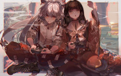 Rule 34 | 2girls, arm up, black footwear, black hair, blunt bangs, blush, boots, border, bow, bowtie, brown eyes, cigarette, clenched hand, closed mouth, collared shirt, commentary request, controller, cross-laced footwear, dress shirt, frilled shirt collar, frills, fujiwara no mokou, grey border, hair bow, hair ribbon, hime cut, holding, houraisan kaguya, indian style, japanese clothes, kawacy, lace-up boots, long hair, long sleeves, mouth hold, multiple girls, ofuda, open mouth, outside border, pants, pink shirt, red eyes, red pants, red skirt, ribbon, shirt, sidelocks, silver hair, sitting, skirt, smoke, suspenders, touhou, v-shaped eyebrows, very long hair, white bow, white neckwear, white shirt, wide sleeves