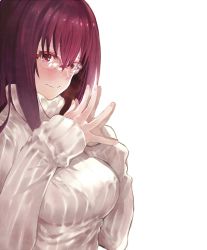 Rule 34 | 1girl, bespectacled, bra, breasts, fate/grand order, fate (series), glasses, highres, long hair, own hands together, red-framed eyewear, red eyes, red hair, ribbed sweater, scathach (fate), see-through, semi-rimless eyewear, simple background, solo, steepled fingers, sweater, tokopi, turtleneck, turtleneck sweater, underwear, white background