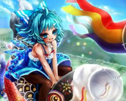 Rule 34 | 1girl, :d, ahoge, bare shoulders, black pantyhose, blue eyes, blue hair, blush, bow, cirno, female focus, gobou, gobou (gbu), hair bow, ice, ice wings, looking at viewer, matching hair/eyes, open mouth, pantyhose, short hair, smile, solo, touhou, wings