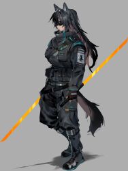 Rule 34 | 1girl, alternate costume, animal ear fluff, animal ears, arknights, belt, black hair, boots, dual wielding, energy sword, fingerless gloves, gloves, highres, holding, holding sword, holding weapon, load bearing vest, long hair, mutomorokoshi, rhodes island logo (arknights), solo, sunglasses, sword, tactical clothes, tail, texas (arknights), weapon, wolf ears, wolf girl, wolf tail