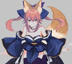 Rule 34 | 10s, 1girl, animal ears, bad id, bad pixiv id, bare shoulders, blue kimono, blush, bow, breasts, cleavage, closed mouth, detached sleeves, fate/extra, fate (series), fox ears, fox tail, grey background, hair between eyes, hair bow, highres, japanese clothes, kimono, large breasts, long sleeves, p2 (uxjzz), pink hair, purple thighhighs, sash, simple background, smile, solo, tail, tamamo (fate), tamamo no mae (fate/extra), thighhighs, twintails, wide sleeves, yellow eyes