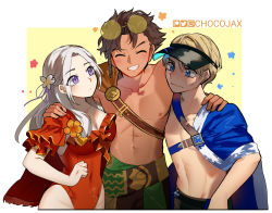 Rule 34 | 1girl, 2boys, blonde hair, blue cape, blush, braid, breasts, brown hair, cape, chocojax, claude von riegan, cleavage, closed eyes, collarbone, covered navel, dark-skinned male, dark skin, dimitri alexandre blaiddyd, edelgard von hresvelg, eyewear on head, fire emblem, fire emblem: three houses, fire emblem heroes, flower, frilled one-piece swimsuit, frills, glasses, grin, groin, hair flower, hair ornament, hand on another&#039;s shoulder, highres, long hair, looking at another, multiple boys, muscular, muscular male, nintendo, official alternate costume, one-piece swimsuit, red one-piece swimsuit, smile, sweatdrop, swimsuit, visor cap, white hair, yellow cape