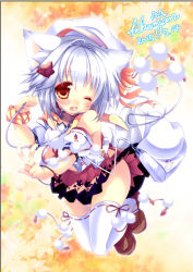 Rule 34 | 1girl, animal ears, bare shoulders, blush, dated, detached sleeves, fang, hat, hikanyan, inubashiri momiji, looking at viewer, one eye closed, open mouth, pom pom (clothes), red eyes, ribbon-trimmed legwear, ribbon-trimmed sleeves, ribbon trim, short hair, signature, silver hair, solo, tail, touhou, white legwear, wolf ears, wolf tail