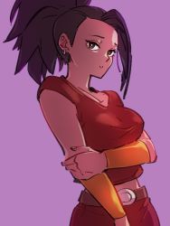 Rule 34 | 1girl, black hair, breasts, brown eyes, dragon ball, dragon ball super, earrings, forehead, jewelry, kale (dragon ball), kemachiku, large breasts, looking at viewer, midriff, ponytail, purple background, short hair, simple background, sleeveless, solo