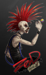 Rule 34 | 1boy, black nails, blood, blood on face, candy, collar, earrings, eyeliner, food, grasshopper manufacture, jewelry, lollipop, lollipop chainsaw, makeup, mohawk, nail polish, nose piercing, pale skin, piercing, punk, red hair, scowl, spiked collar, spikes, suspenders, tank top, wristband, zed (lollipop chainsaw), zombie