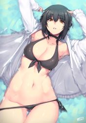 Rule 34 | 1girl, armpits, arms up, artist name, bad id, bad twitter id, bikini, bikini pull, bikini under clothes, black bikini, black hair, black neckwear, breasts, brown eyes, choker, cleavage, clothes pull, collarbone, cowgirl position, from above, front-tie bikini top, front-tie top, gluteal fold, groin, hair between eyes, jacket, jjune, long sleeves, looking at viewer, lying, lying on water, medium breasts, mole, mole under eye, navel, open clothes, open jacket, original, panties, panty pull, parted lips, partially submerged, pink lips, rumi morimiya, side-tie bikini bottom, sidelocks, solo, stomach, straddling, swimsuit, teeth, thigh gap, underwear, water, wet, wet hair, white jacket