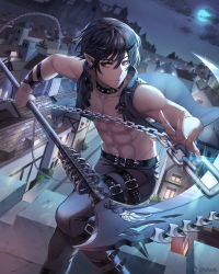 Rule 34 | 1boy, artist name, black hair, choker, closed mouth, cloud, holding, holding weapon, horns, looking at viewer, male focus, moon, muscular, night, original, outdoors, red eyes, roang, scythe, shinigami, topless male, weapon