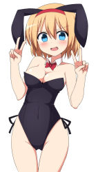 Rule 34 | 1girl, alice margatroid, alternate costume, animal ears, bad id, bad pixiv id, bare arms, bare shoulders, blonde hair, blue eyes, blush, bow, bowtie, breasts, cleavage, collarbone, covered navel, cowboy shot, detached collar, double v, enushi (toho193), fake animal ears, gluteal fold, hair between eyes, hairband, highres, leotard, looking at viewer, medium breasts, open mouth, playboy bunny, rabbit ears, red bow, red bowtie, red hairband, short hair, solo, standing, thighs, touhou, v