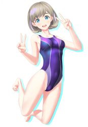 Rule 34 | 1girl, absurdres, barefoot, blue eyes, breasts, collarbone, competition swimsuit, covered navel, double v, full body, grey hair, highres, jumping, looking at viewer, love live!, love live! superstar!!, medium breasts, one-piece swimsuit, open mouth, parted bangs, purple one-piece swimsuit, round teeth, short hair, simple background, solo, swimsuit, takafumi, tang keke, teeth, upper teeth only, v, white background