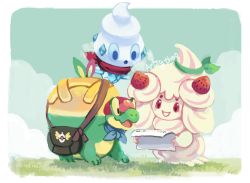 Rule 34 | :d, :o, alcremie, alcremie (strawberry sweet), alcremie (vanilla cream), appletun, artsy-theo, bag, blue eyes, cloud, cloudy sky, commentary, creature, creatures (company), day, english commentary, game freak, gen 5 pokemon, gen 8 pokemon, grass, holding, holding paper, nintendo, no humans, open mouth, outdoors, paper, pokemon, pokemon (creature), purple eyes, signature, sky, smile, vanillite, yellow eyes