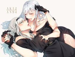 Rule 34 | 2girls, ak-12 (girls&#039; frontline), an-94 (girls&#039; frontline), aqua eyes, asakawa (outeq), blush, braid, breasts, breasts apart, character name, cleavage, cleavage cutout, clothing cutout, closed eyes, girls&#039; frontline, gloves, grabbing, grey hair, hand in another&#039;s hair, holding hands, large breasts, long hair, lying, multiple girls, on back, saliva swap, tongue, tongue out, yuri