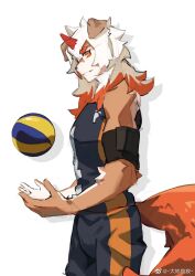 1boy animal_ears arknights ball dadijiji dog_boy furry furry_male haikyuu!! highres horns hung_(arknights) looking_at_viewer male_focus red_horns simple_background single_horn solo sportswear tail uniform_request volleyball volleyball_(object) volleyball_uniform white_background white_hair