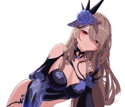 Rule 34 | 1girl, absurdres, bails, bare shoulders, blue flower, blue rose, breasts, brown hair, choker, cleavage, commentary request, floral print, flower, hair ornament, hair over one eye, highres, honkai (series), honkai impact 3rd, long hair, looking at viewer, mole, mole under eye, official alternate costume, red eyes, rita rossweisse, rita rossweisse (fallen rosemary), rose, simple background, smile, solo, very long hair, white background