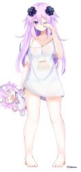 Rule 34 | 0 0, 1girl, absurdres, adult neptune, bare legs, bare shoulders, barefoot, bimmy, blush, breasts, character doll, cleavage, closed mouth, commentary, d-pad, d-pad hair ornament, english commentary, expressionless, feet, full body, hair between eyes, hair ornament, highres, long hair, looking at viewer, medium breasts, neptune (neptunia), neptune (series), purple eyes, purple hair, shin jigen game neptune vii, simple background, sleepy, toes, twitter username, white background