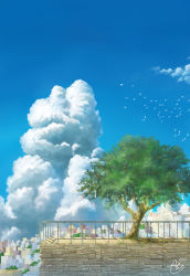 Rule 34 | absurdres, aki (aki k6), bird, blue sky, city, cloud, cloudy sky, commentary request, day, flock, highres, no humans, original, outdoors, railing, scenery, signature, sky, summer, tree, wind chime