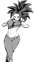 Rule 34 | 1girl, blush, breasts, clothes lift, crop top, dragon ball, dragon ball super, earrings, greyscale, jewelry, kefla (dragon ball), large breasts, lifted by self, looking to the side, monochrome, naughty face, navel, pants, potara earrings, rom (20), shirt lift, solo, spiked hair