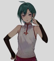 Rule 34 | ahoge, akanbe, androgynous, bad id, bad twitter id, bare shoulders, chinese clothes, earrings, eyelid pull, gender request, green hair, hand on own hip, jewelry, konbu wakame, nijisanji, open mouth, purple eyes, ryuushen, short hair, solo, tongue, tongue out, virtual youtuber