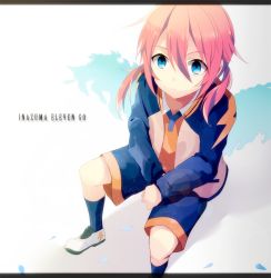 Rule 34 | 1boy, androgynous, bad id, bad pixiv id, blue eyes, copyright name, hage ta, inazuma eleven, inazuma eleven (series), inazuma eleven go, kirino ranmaru, letterboxed, male focus, pillarboxed, pink hair, shorts, sitting, soccer uniform, socks, solo, sportswear, track suit, trap, twintails