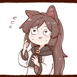 Rule 34 | 1girl, animal ear fluff, animal ears, blush, brown eyes, brown hair, commentary request, constricted pupils, dress, flying sweatdrops, imaizumi kagerou, letterboxed, long hair, long sleeves, open mouth, poronegi, red brooch, simple background, smile, solo, sweat, touhou, upper body, white background, white dress, wolf ears, wolf girl