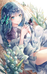 Rule 34 | 1girl, blue eyes, blue hair, blue theme, blush, braid, bug, butterfly, develop2, dress, flower, highres, insect, lily of the valley, long hair, no nose, orchid, original, smile, solo, spring (season)