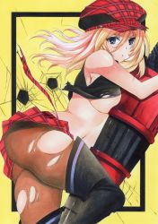 Rule 34 | 1girl, absurdres, alisa ilinichina amiella, ass, bare shoulders, black footwear, blonde hair, blue eyes, boots, breasts, commentary request, god eater, hat, highres, holding, lips, long hair, looking at viewer, medium breasts, midriff, miniskirt, pantyhose, red skirt, rozarin, shiny skin, simple background, skirt, solo, suspender skirt, suspenders, thigh boots, thighhighs, torn clothes, torn legwear, traditional media, weapon