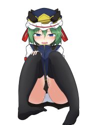 Rule 34 | 1girl, absurdres, agu (antyosan), ass, black skirt, black thighhighs, blue eyes, blush, full body, green hair, hair between eyes, hand on own knee, hat, highres, no shoes, open mouth, panties, pleated skirt, shiki eiki, short hair, simple background, sitting, skirt, solo, sweat, thighhighs, touhou, underwear, white panties, white thighhighs