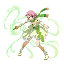 Rule 34 | 1girl, :d, detached sleeves, dress, full body, green dress, green scarf, holding, holding weapon, lisbeth (sao-alo), looking at viewer, open mouth, pink hair, pointy ears, red eyes, scarf, short hair, sleeveless, sleeveless dress, smile, solo, standing, sword art online, transparent background, weapon, white legwear