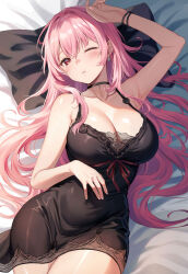 Rule 34 | 1girl, arm up, bare shoulders, black choker, black nightgown, breasts, choker, cleavage, collarbone, hololive, hololive english, large breasts, looking at viewer, messy hair, mori calliope, nightgown, official alternate costume, one eye closed, pajamas, parted lips, pink eyes, pink hair, red lips, sebu illust, solo, tagme, virtual youtuber