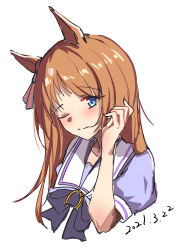 Rule 34 | 1girl, absurdres, animal ears, black bow, black bowtie, blue eyes, blue shirt, blush, bow, bowtie, brown hair, chinese commentary, commentary, dated, grass wonder (umamusume), hair bow, hand up, highres, horse ears, horse girl, long hair, looking at viewer, miuna (498475051), one eye closed, puffy short sleeves, puffy sleeves, sailor collar, school uniform, serafuku, shirt, short sleeves, simple background, sketch, smile, solo, split mouth, umamusume, white background