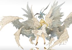 Rule 34 | 1girl, artist name, blonde hair, braid, commentary request, demizu posuka, demon, dress, feathered wings, flying, full body, gradient background, grey background, hairband, long hair, mary janes, multiple wings, no socks, original, outstretched arms, reflection, shoes, solo, twin braids, twintails, white dress, white hairband, wings, yellow eyes