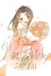 Rule 34 | 1girl, birthday, black hair, blunt bangs, blush, bouquet, bow, box, brown eyes, commentary request, dated, facing viewer, flower, gift, gift box, gintama, hair bow, haori, happy birthday, high ponytail, holding, holding bouquet, holding gift, japanese clothes, kimono, long hair, open mouth, pir6lfiv60njhos, simple background, solo, tokugawa soyo, white background, wide sleeves