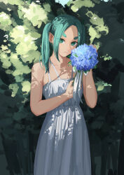 Rule 34 | 1girl, absurdres, aqua hair, bare arms, bare shoulders, blue flower, bouquet, breasts, closed mouth, collarbone, cowboy shot, day, dress, expressionless, flower, foliage, green eyes, highres, hikimayu, holding, holding bouquet, holding flower, long hair, looking at viewer, monogatari (series), nemo ringo, ononoki yotsugi, outdoors, parted bangs, petite, pointy ears, short eyebrows, sidelocks, sleeveless, sleeveless dress, small breasts, solo, standing, sundress, thick eyebrows, white dress