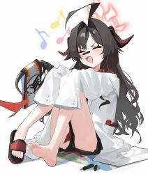 Rule 34 | 1girl, absurdres, ahoge, black hair, black horns, black shorts, black tail, blue archive, blush, closed eyes, coat, commentary, demon horns, eighth note, halo, highres, horns, kasumi (blue archive), long hair, measho, musical note, red halo, red shirt, shirt, shorts, simple background, sleeves past fingers, sleeves past wrists, smile, solo, white background, white coat