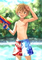 Rule 34 | 1boy, anchor print, anchor symbol, bad id, bad twitter id, bare arms, bare pectorals, bare shoulders, blonde hair, blue male swimwear, blue swim trunks, bubble, chain print, child, cloud, cloudy sky, commentary request, drawstring, highres, komorebi (artist), looking at viewer, male focus, male swimwear, multicolored clothes, multicolored male swimwear, multicolored swim trunks, multicolored swimsuit, navel, no shirt, one eye closed, original, outdoors, pectorals, print male swimwear, print swim trunks, print swimsuit, red male swimwear, red swim trunks, sky, solo, solo focus, sunlight, swim briefs, swim trunks, swimsuit, teeth, topless male, water, water gun, yellow eyes