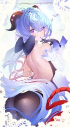 Rule 34 | 1girl, :o, ahoge, ass, back, backless outfit, bare shoulders, black pantyhose, blue hair, blush, bow, detached sleeves, from behind, ganyu (genshin impact), genshin impact, highres, horns, long hair, looking at viewer, looking back, low ponytail, occa-key, open mouth, pantyhose, purple eyes, red rope, rope, sidelocks, solo, white sleeves
