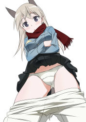Rule 34 | 1girl, :o, animal ears, black skirt, blonde hair, blush, cameltoe, clothes lift, clothes pull, cowboy shot, crossed arms, crotch, eila ilmatar juutilainen, fox ears, fox tail, from above, from below, highres, long hair, looking at viewer, looking down, military, military uniform, open mouth, panties, pantyhose, pantyhose pull, pleated skirt, purple eyes, scarf, silver hair, simple background, skirt, skirt lift, solo, standing, strike witches, tail, thighs, underwear, uniform, upskirt, white background, white panties, white pantyhose, world witches series, yamamoto shuuhei