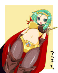Rule 34 | 1girl, boots, breasts, cape, character name, fang, gloves, green eyes, green hair, large breasts, martina zoana mel navratilova, matching hair/eyes, multicolored clothes, navel, pantyhose, shoulder pads, slayers, smile, solo, thigh boots, thighhighs, tiara, two-sided cape, two-sided fabric