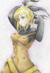 Rule 34 | 1girl, :o, absurdres, adjusting hair, bad id, bad pixiv id, blonde hair, breasts, buttons, colored pencil (medium), female focus, hair ribbon, hair up, highres, kitazinger, kurodani yamame, looking at viewer, narrow waist, ribbon, shirt, short hair, sidelocks, sleeves past wrists, solo, strap slip, taut clothes, taut shirt, touhou, traditional media, upper body