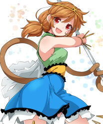 Rule 34 | 1girl, bare shoulders, bracelet, brown hair, circlet, cowboy shot, detached sleeves, dress, highres, huyusilver, jewelry, looking at viewer, low twintails, monkey tail, multicolored clothes, multicolored dress, red eyes, single-shoulder dress, single detached sleeve, smile, solo, son biten, tail, touhou, twintails, unfinished dream of all living ghost