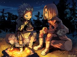 Rule 34 | 2boys, blue hair, bob cut, boots, brown hair, campfire, camus (dq11), dated, dragon quest, dragon quest xi, earrings, eating, food, forest, grass, hero (dq11), jewelry, kinako (462), log, looking at another, male focus, multiple boys, nature, night, rock, short hair, sitting, smile, soup
