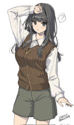 Rule 34 | 1girl, ?, arm up, black hair, blunt bangs, blush, breasts, brown eyes, brown sweater vest, brown vest, chestnut mouth, collared shirt, cowboy shot, dated, green pants, highres, large breasts, long hair, long sleeves, looking at viewer, original, pants, shirt, simple background, single hair intake, solo, spoken question mark, striped clothes, striped vest, sweater vest, twitter username, unasaka ryou, vertical-striped clothes, vertical-striped vest, vest, white background, white shirt