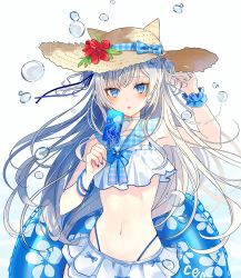 Rule 34 | 1girl, :o, animal ears, arm up, armpits, bad id, bad twitter id, bangle, bare shoulders, bikini, bikini skirt, blue eyes, bracelet, bubble, chiemo (xcem), choker, collarbone, fake animal ears, flower, food, hat, hat flower, highleg, holding, jewelry, long hair, looking at viewer, midriff, navel, original, parted lips, popsicle, sailor bikini, sailor collar, scrunchie, silver hair, solo, stomach, straw hat, swimsuit, two side up, upper body, very long hair, white bikini, white choker, wrist scrunchie