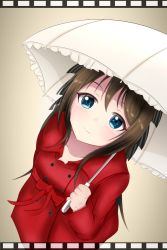 Rule 34 | 1girl, aqua eyes, artist name, artist request, audrey (love live!), belt, black bow, blue eyes, blush, bow, bow hairband, breasts, brown hair, buttons, coat, collarbone, collared coat, dress, female focus, film strip, frilled umbrella, frills, hair between eyes, hair bow, hairband, half updo, high ponytail, highres, holding, holding umbrella, long hair, long sleeves, looking at viewer, looking up, love live!, love live! nijigasaki high school idol club, love live! school idol festival, miniskirt, movie camera, osaka shizuku, parted lips, plaid, plaid skirt, pleated, pleated skirt, ponytail, red belt, red bow, red coat, red dress, red ribbon, red skirt, ribbon, sidelocks, skirt, small breasts, smile, solo, striped, striped bow, trench coat, umbrella, white bow, white umbrella, wing collar
