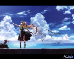 Rule 34 | 00s, 1boy, 1girl, air (visual novel), blonde hair, blue sky, copyright name, day, floating hair, from behind, full body, horizon, kamio misuzu, kunisaki yukito, letterboxed, long hair, outdoors, outstretched arms, sky, standing, very long hair, wallpaper, wind