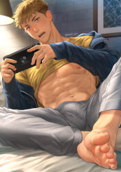 Rule 34 | 1boy, abs, bara, barefoot, black jacket, blonde hair, clothes lift, earrings, grey pants, handheld game console, highres, holding, holding handheld game console, jacket, jewelry, large pectorals, luca (mondi hl), male focus, mondi hl, muscular, muscular male, navel, nintendo switch, nipples, open clothes, open jacket, open mouth, original, pants, pectorals, shirt, shirt lift, short hair, solo, twitter username, yellow shirt