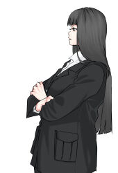 Rule 34 | 1girl, absurdres, black hair, black jacket, blunt bangs, collared shirt, crossed arms, formal, from side, girls und panzer, highres, jacket, long hair, mature female, nishizumi shiho, pocket, polo shirt, shirt, simple background, skrmtl, suit, white background