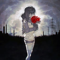 Rule 34 | 1girl, artist name, crack, flower, from side, head down, monochrome, mouth mask, nana nakano, original, plant, potted plant, power lines, profile, scarf, short shorts, shorts, sleeves past wrists, smoke, smokestack, solo, spot color, standing, surgical mask, thighhighs