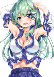 Rule 34 | 1girl, :d, armpits, arms up, blue eyes, blue skirt, blush, breasts, cleavage, collarbone, commentary request, detached sleeves, frog hair ornament, green hair, hair ornament, hair tubes, highres, kaeranu kaeru, kochiya sanae, large breasts, long hair, looking at viewer, midriff, navel, open mouth, shirt, simple background, skirt, sleeveless, sleeveless shirt, smile, snake hair ornament, solo, touhou, upper body, white background, white shirt, white sleeves