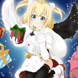 Rule 34 | 1girl, asymmetrical wings, black thighhighs, black wings, blonde hair, blue eyes, boots, box, christmas, closed mouth, commentary, dress, elbow gloves, english commentary, feathered wings, fur-trimmed boots, fur-trimmed dress, fur-trimmed sleeves, fur trim, gift, gift box, gloves, holding, holding gift, holding sack, looking at viewer, marl (shironeko project), mismatched wings, mitya, sack, shironeko project, short sleeves, smile, solo, sparkle, thighhighs, tiara, twitter username, two side up, white dress, white footwear, white gloves, white wings, wings